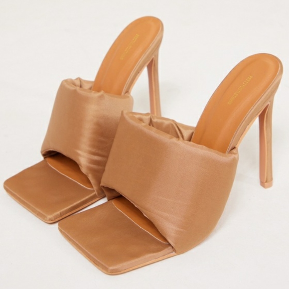 PrettyLittleThing Shoes - PLT, Camel, US10, Nylon Square Toe Padded Strap High Heeled Mules